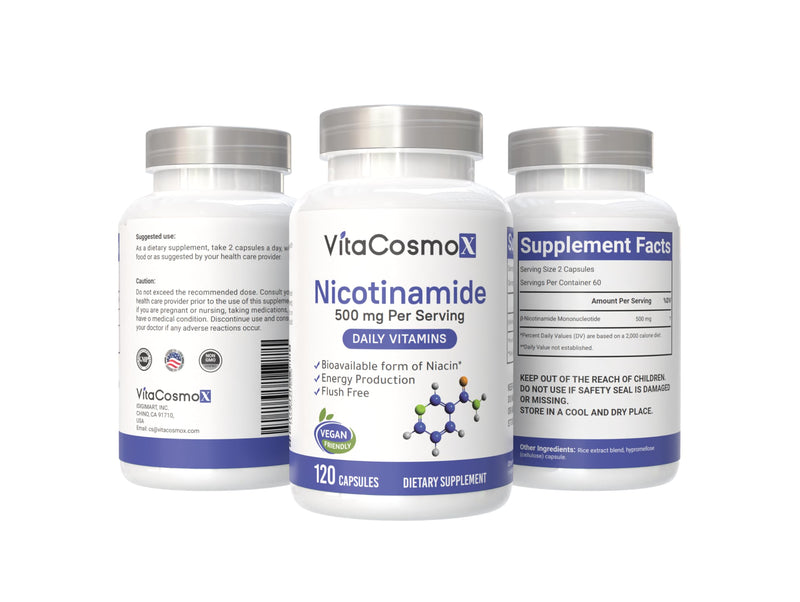 Nicotinamide 500mg Vitamin B3, 120 Capsules - Non-GMO, Gluten Free, Flush Free 1