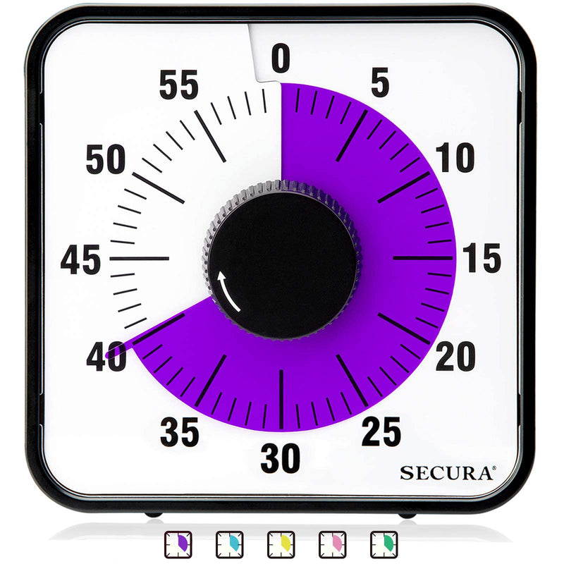 Secura 60-Minute Visual Countdown Timer, 7.5-Inch Oversize Classroom Visual Timer for Kids and Adults, Durable Mechanical Kitchen Timer Clock with Magnetic Backing (Purple) Purple & Black