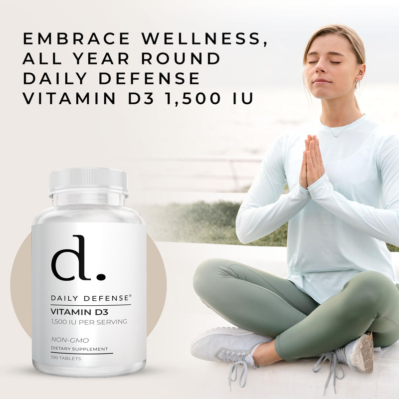 Immune Defense Supplements Vitamin D3 1500 IU for Heart Health, Daily Immune Support, Mental Clarity, & Muscle Function - 100 Vitamin D Tablets (D3 1500 IU) 100 Count (Pack of 1) 1500IU
