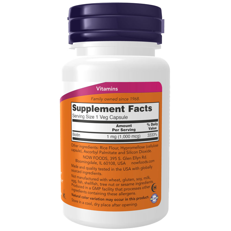 NOW Foods Supplements, Biotin 1,000 mcg, Amino Acid Metabolism*, Energy Production*, 100 Capsules Unflavored 100 Count (Pack of 1)