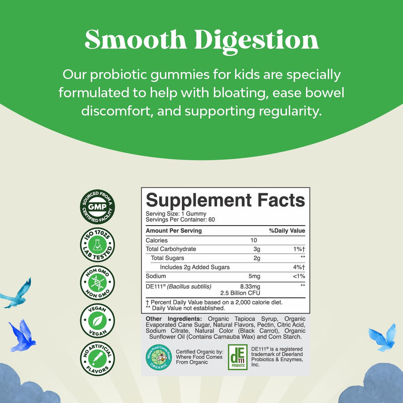 USDA Organic Kids Probiotic Gummies - Gut Bacteria Probiotics for Digestive Health & Stomach Relief - Gentle 2.5B CFU Kids Immune Support & Gut Heath Supplement - Vegan & Non-GMO Chews - 60 Count 60 Count (Pack of 1)