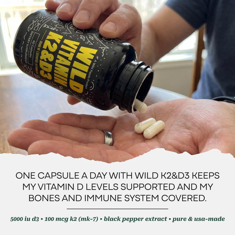 Wild Foods Vitamin D3 + K2 5000iu (100mcg MK7), Bone & Heart Health, 60 Ct | With Black Pepper Extract for Absorption, Plant-Based, Non-GMO, Soy & Gluten-Free, Worldwide Sourced 60 Count (Pack of 1)