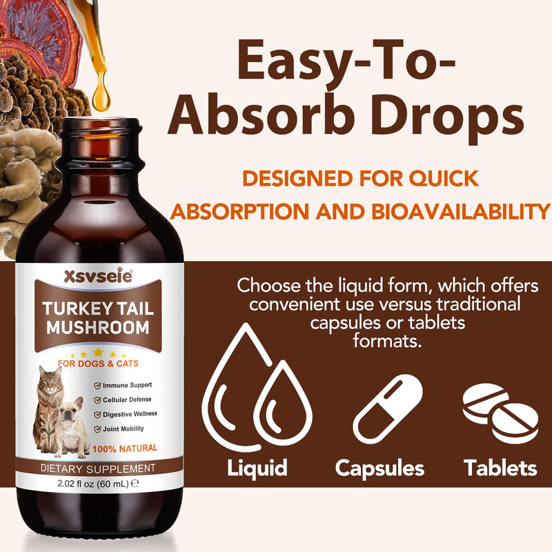 Turkey Tail Mushroom for Dogs & Cats - Immune Defense for Pets, Immune & Digestive Drops with 5X Mushrooms, Turmeric & Probiotic