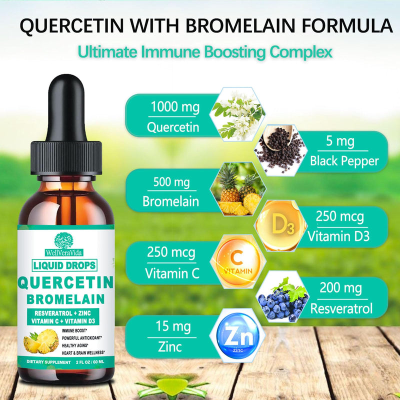 Quercetin with Bromelain, Liquid Quercetin Supplement, Capsule Alternative | Quercetin 1000mg with Bromelain 500mg, Zinc, Vitamin C & D3 for Immune, Antioxidant & Respiratory Support, Non-GMO, 2Fl Oz Pineapple 2 Fl Oz (Pack of 2)