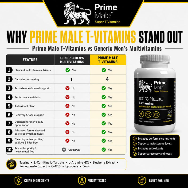 T-Vitamins – Advanced Multivitamin for Men – Supports Testosterone, Energy & Immune Health – 120 Capsules – Caffeine-Free