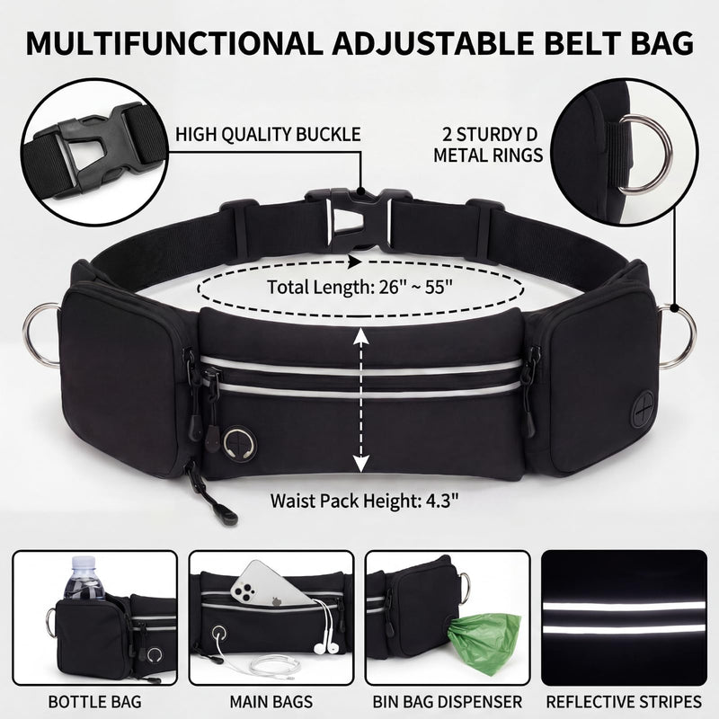 Hands Free Dog Leash 3 Zip Pounchs with Reflective Strips Poop Bag Dispenser,Waist Belt Fanny Pack Waterproof,Dual Handles and Durable Bungee for Dog Walking,Jogging and Running (black-green) black-green - BeesActive Australia