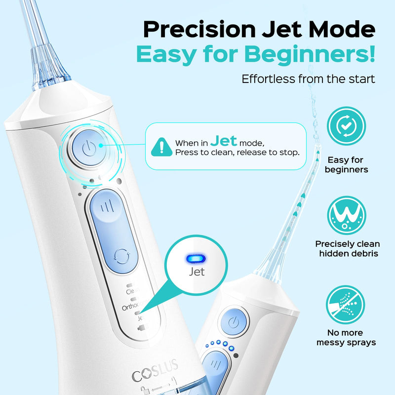 COSLUS C51 Portable Water Flosser for Teeth: 3 Modes & 6 Pressure Settings with Jet Mode Water Dental Pick for Orthodontic, Braces, Sensitive Gums, Compact for Travel, 300ML for Multiple Users, White Arctic White