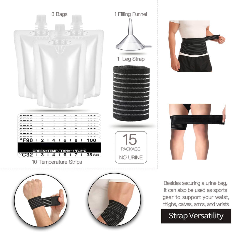 15 Pcs Urine Test Complete Kit Includes 3 Transparent Leakproof Bags,10 Adhesive Temperature Test Strips,59" Adjustable Leg Straps,Filling Funnel,Portable Travel Urine Test Bag - BeesActive Australia