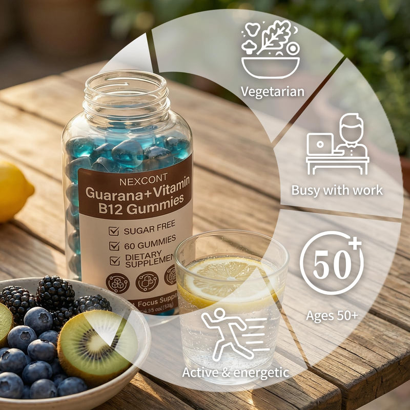 B12 Gummies Dietary Supplement B12 Gummy with Guarana Extract, Supports Energy & Focus, Sugar Free, 30 Day Supply, 60 Count.
