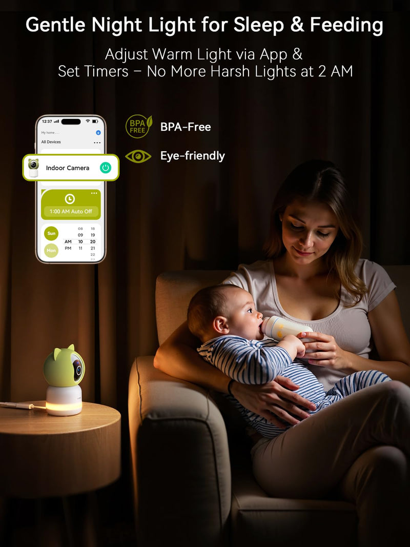 Outinput 2K 4MP WiFi Baby Monitor with Camera and Audio, App Control PTZ, Crying/Feeding/Temp/Humidity Alerts, Night Vision wtih Gentle Light, Soothing Lullabies for Baby Sleep, Cloud&Local Storage