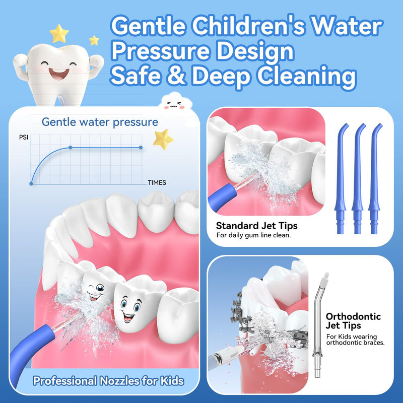 JTF Portable Water Flosser for Kids: 4 Gentle Modes for Ages 6+, Safe & Effective for Sensitive Teeth, Braces - with DIY Stickers, 4 Nozzles, Travel Bag, Mini Compact Oral Irrigator for Home & School Blue+red