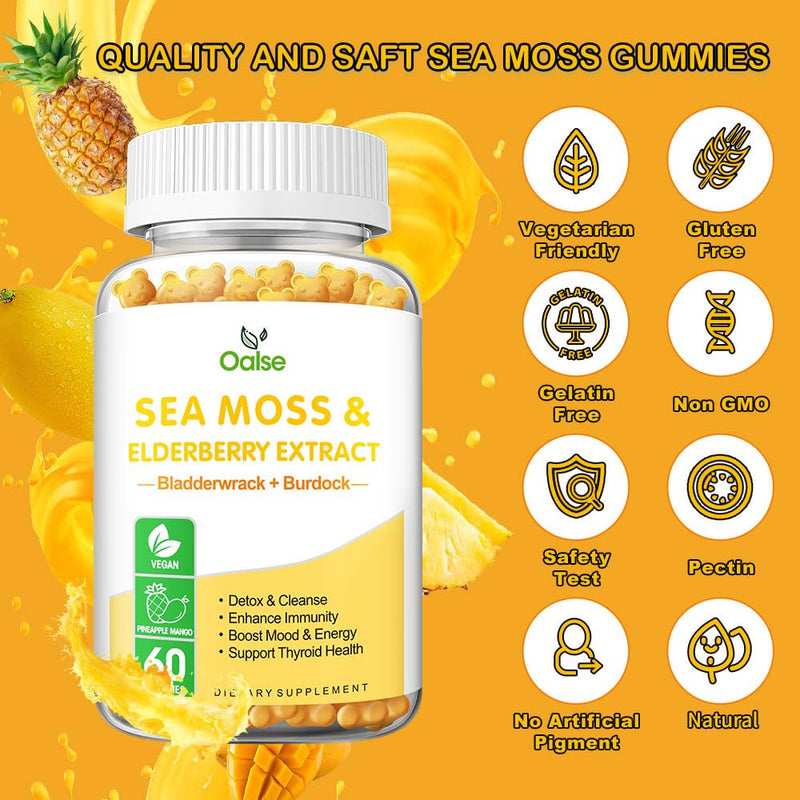 Sea Moss Gummies for Adults and Kids, 2-Pack, Mango Pineapple | 2000mg Raw Seamoss, Bladderwrack, Burdock Root, Elderberry, Pepper, Vitamin C & D3, Zinc Supports Immune 60 Count (Pack of 2)