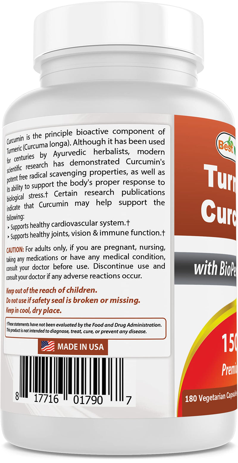 Best Naturals Turmeric Curcumin 1500mg/Serving with Bioperine - 180 Veggie Capsules - BeesActive Australia