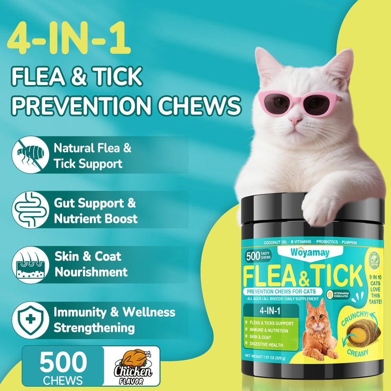 Woyamay Cat & Dog Flea and Tick Prevention Bundle, 500 Crunchy Dual-Texture Chews Each, Natural 4-in-1 Flea Defense with Skin, Coat, Gut & Immune Support, Oral Daily Flea Treatment for Cats & Dogs