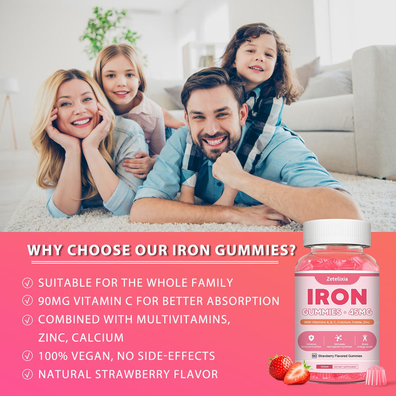Vegan 2 Pack Iron Supplement Gummies for Women & Men, Anemia, Blood Builder & Energy Support for Iron Deficiency, with Vitamin C, A, B Complex, Folate, CoQ10, Sugar Free, Non-GMO, 120 Count 45MG Iron Strawberry Flavor 60 Count (Pack of 2)