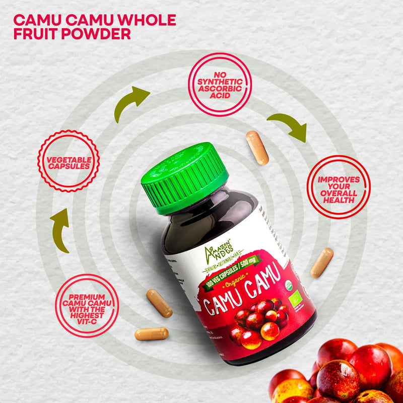 Amazon Andes Camu Camu Capsules 500mg - Pure Vitamin C Origin from Peru - Myrciaria Dubia Berry - 100 Vegetarian Caps - Wild Harvested Amazon Rainforest Superfruit Non-GMO Vegan