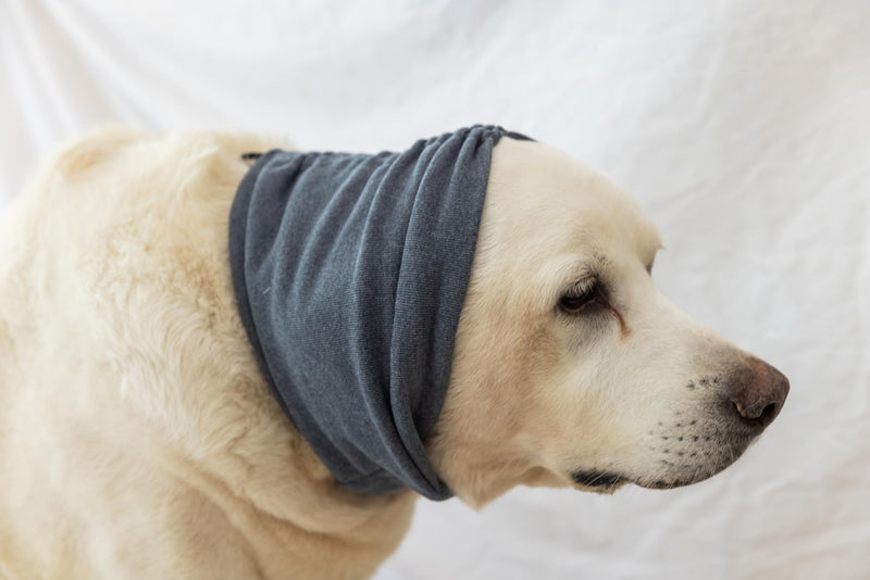 Calming Dog Ear Cover - Anti-Anxiety & Stress Relief Neck Gaiter for Surgery Recovery, Bathing, Grooming, Thunder & Fireworks Grey L Large