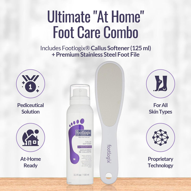 Footlogix Foot Care Callus Softener Combo - Callus Remover Spray & Double-Sided Foot File for Dry, Cracked Heels, Pedicure Tools for Feet, Foot Exfoliator White