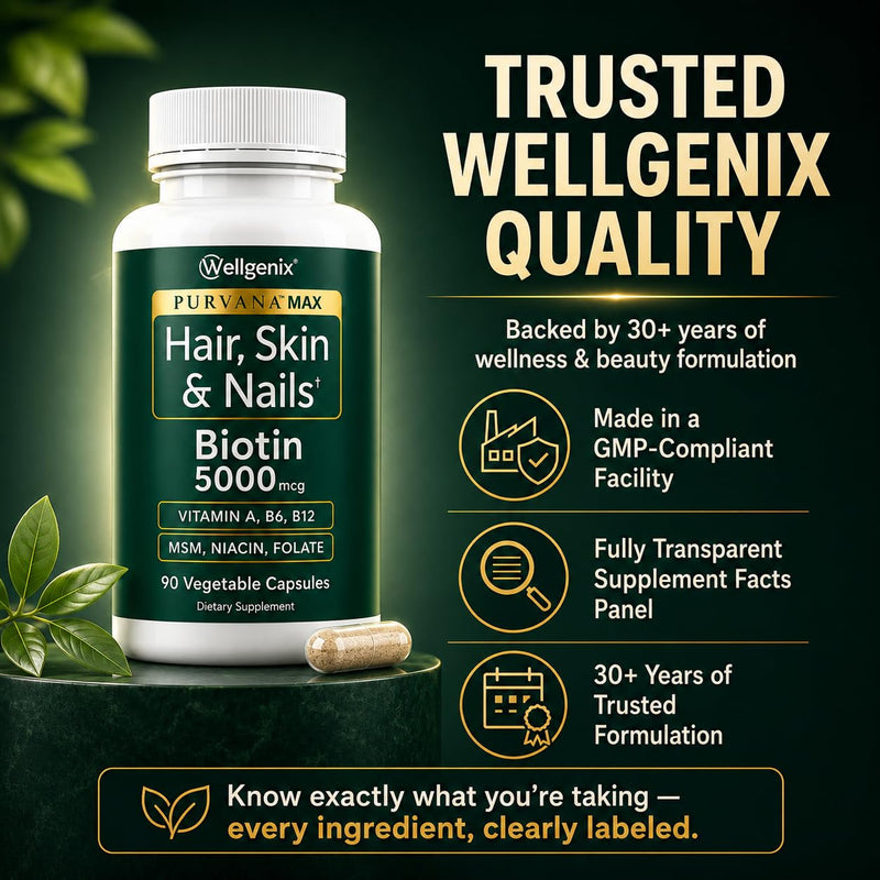 Wellgenix Purvana MAX Hair Skin & Nails Vitamins, Biotin 5000mcg, 90 Count | Biotin, MSM & hyaluronic acid in vegetable capsules for thicker, fuller hair, stronger nails & a clearer, radiant complexion 90 Count (Pack of 1)