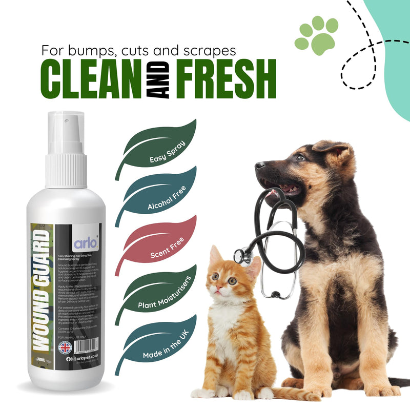Wound Guard Antibac Skin Spray Non Stain 300ml | Horse, Dog & Cat Skin Cleansing for Minor Cuts, Grazes & Hot Spots | No-Sting Moisture Shield for Irritated Skin | Pet First Aid Formula for Animals 300ml Bottle
