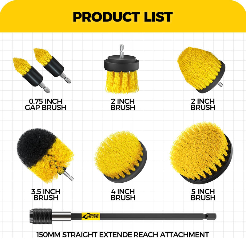 Holikme 8 Piece Drill Brush Attachments Set, Power Scrubber with Extend Long Attachment，Cleaning Supplies for Bathtub, Shower, Grout, Tile(Yellow) Yellow - BeesActive Australia