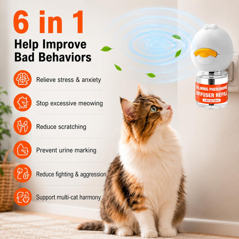 Cat Calming Diffuser - 6 in 1 Kit Cat Pheromones Calming Diffuser for Anxiety Relief, Stress, Excessive Meowing & Scratching, 120 Day Supply 2 Plug in + 4 Pack 48ml Refill (Tasteless)