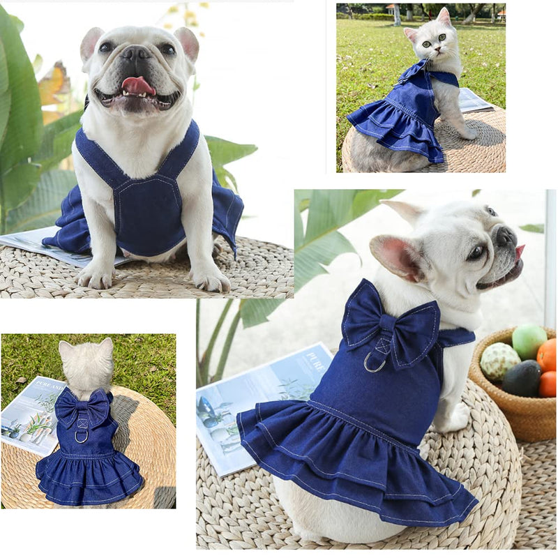 ANIAC Denim Dog Dresses for Small Dogs Puppy Girl Clothes with Leash Ring and Cute Bow Knot Summer Cat Apparel with D-Ring Blue Girl Dog Clothes (Dark Blue,Small) Skirt