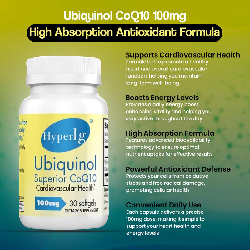 Ubiquinol CoQ10 100mg | Active Form of CoQ10 | Enhanced Absorption | Cellular Energy & Antioxidant Support | Non-GMO, Gluten-Free, Kosher | 30 Softgels