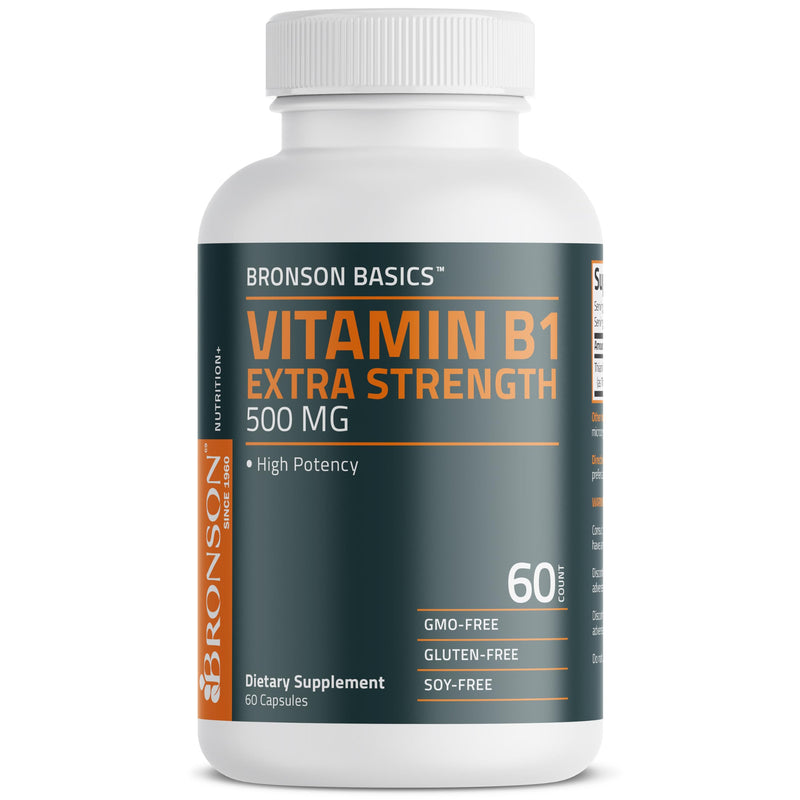 Bronson Vitamin B1 Extra Strength 500 MG High Potency Non-GMO, 60 Capsules Unflavored 60 Count (Pack of 1)