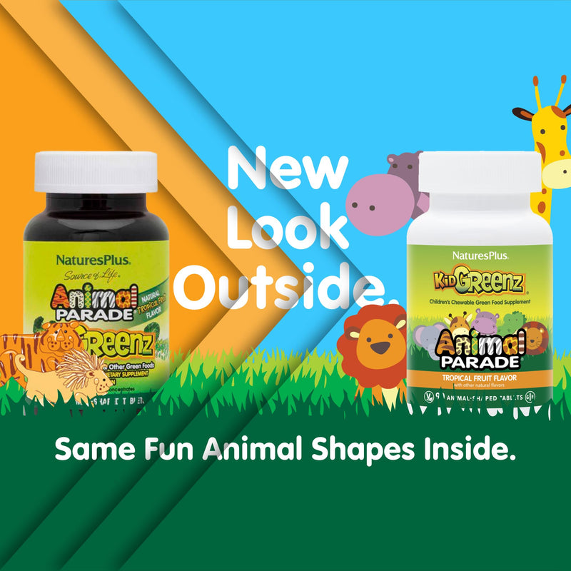 NaturesPlus Animal Parade KidGreenz, Tropical Fruit Flavor - 90 Animal-Shaped, Chewable Tablets - Pack of 2 - With Broccoli & Spinach - Vegetarian, Gluten Free - 180 Total Servings