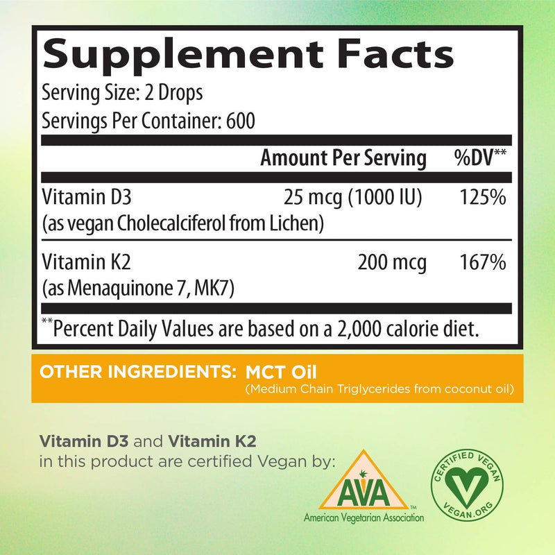 Vegan Liquid Drops Vitamin D3 K2 (MK7) - 100% Plant Based Liquid Vitamin D Enhanced with Coconut Oil for Max Absorption - 1 Serving = 1000 IU VIT D3 and 200 mcg VIT K2