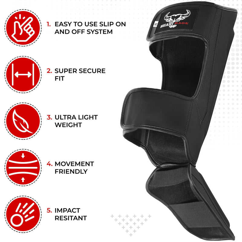 BEAST RAGE MMA Martial Arts Shin Guards for Kickboxing Adjustable Muay Thai, Padded Martial Arts Shin Pads Leg Guard with Instep Sleeves MMA Training BJJ Karate Boxing Taekwondo BLACK Large