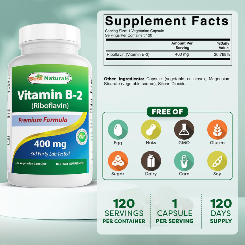 Best Naturals Vitamin B2 (Riboflavin) 400mg - Migraine Relief - Veggie Capsules - Conezyme Precursor - 120 Count (120 Count (Pack of 3)) 120 Count (Pack of 3)
