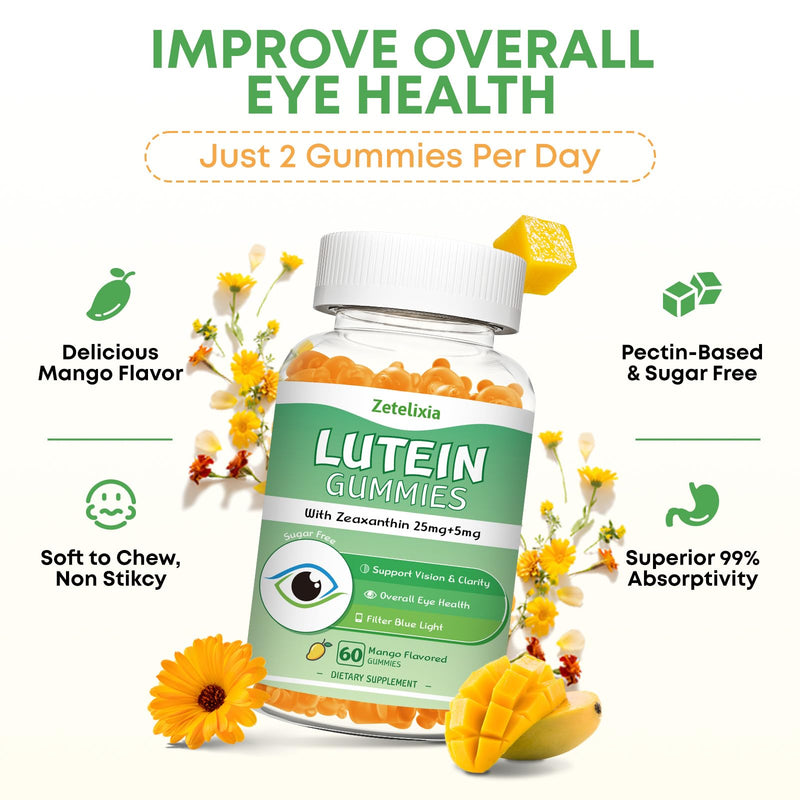 2 Pack Lutein Gummies 25mg, Sugar Free Lutein Zeaxanthin Supplements Gummies, Eye Health Supplement for Adults, Eye Vitamins Lutein for Vision and Blue Light Protection, Mango Flavor, 120 Count 60 Count (Pack of 2)