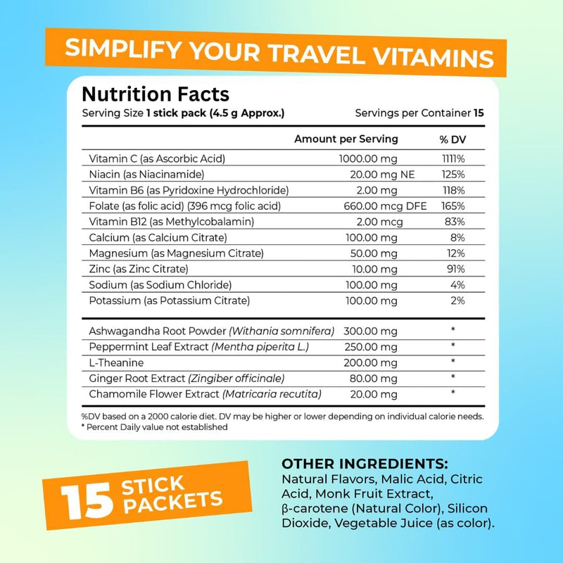 Travel Vitamin Tonic for Flights, Hydration, Circulation, Digestion & Immune Support, Electrolyte Powder, Travel Essentials, Lemon Lime, 15 Sticks