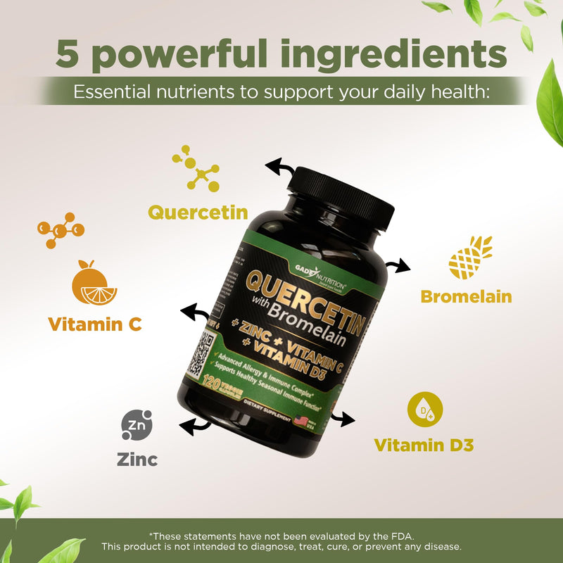 Gade Nutrition Quercetin with Bromelain Vitamin C and Zinc Vitamin D | Immune Support Supplement in Capsules | Non-GMO, Gluten-Free, Vegan | Made in USA | 6 Month Supply 120 Count (Pack of 3)