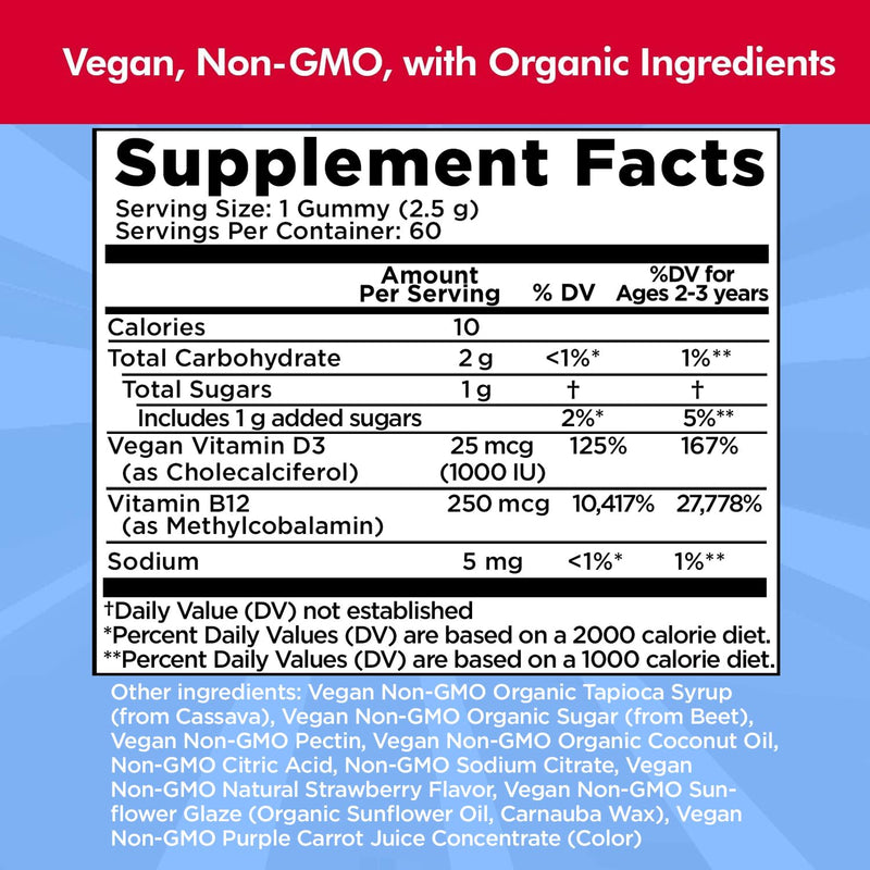 Vitamin D3, B12 Gummies by Dr. Danielle, Vegan Daily Supplement for Adults & Kids, Non-GMO, Vitamin D3 1000 IU & 250 mcg Vitamin B12, 2 Month Supply (60 Gummies)