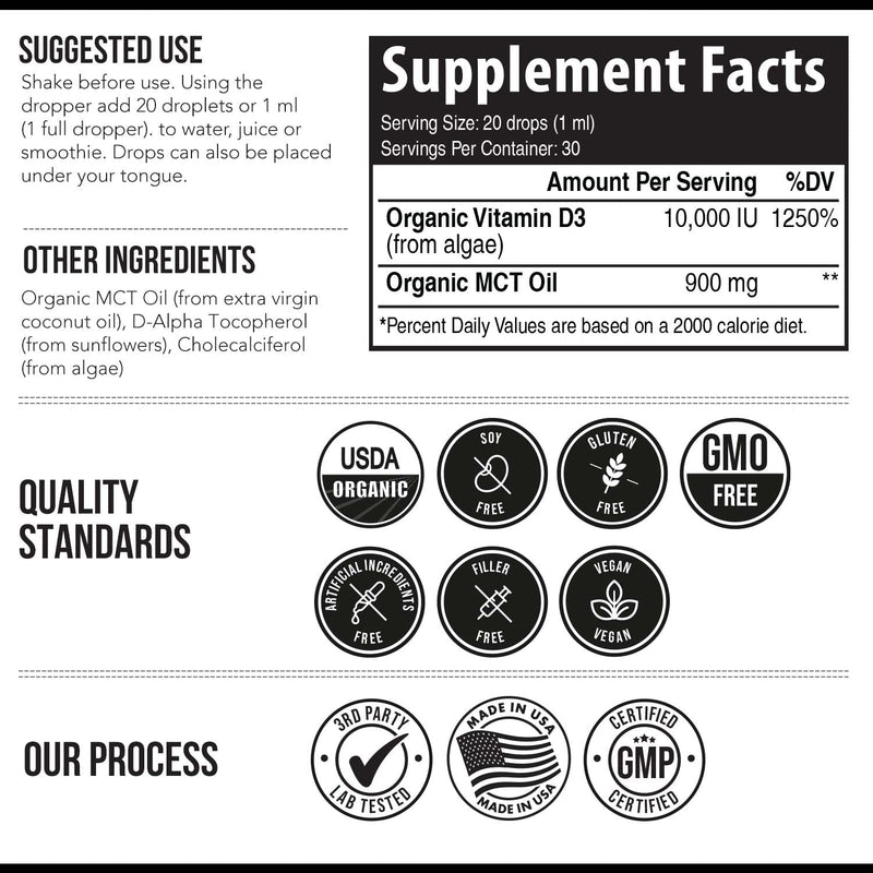 Organic Vitamin D3 10,000 IU - Plant D3, Vegan, Max Strength Sublingual Liquid D3 Drops - 200% Higher Absorption, 100% Plant-Based Cholecalciferol Form & Vegan D3, Adjustable Dosing (30 Servings) 1 Fl Oz (Pack of 1)