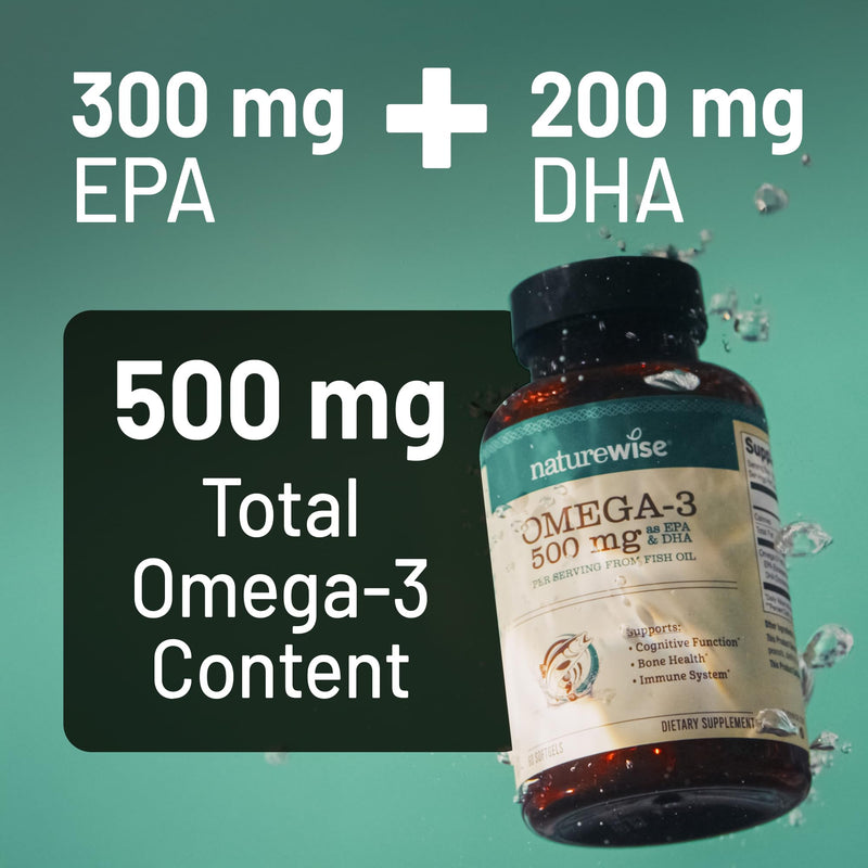NatureWise Omega 3 Fish Oil - 500 mg per Pill - EPA & DHA - Immune Support, Brain Health & Optimal Wellness - Gluten and Soy Free, Non-GMO - 90 Softgels[3-Month Supply] 90 Count (Pack of 1)