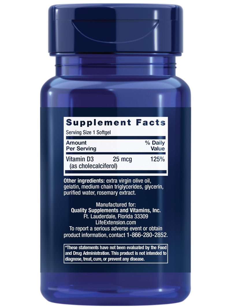 Life Extension Vitamin D3 25 mcg (1000 IU), Immune System Support, Bone Health, Whole-Body Health, Value Size, Gluten-Free, Non-GMO, 90 softgels | Supports Immune System, Bone Health & Whole-Body Health, Gluten-Free & Non-GMO 90 Count (Pack of 1) 1000 IU