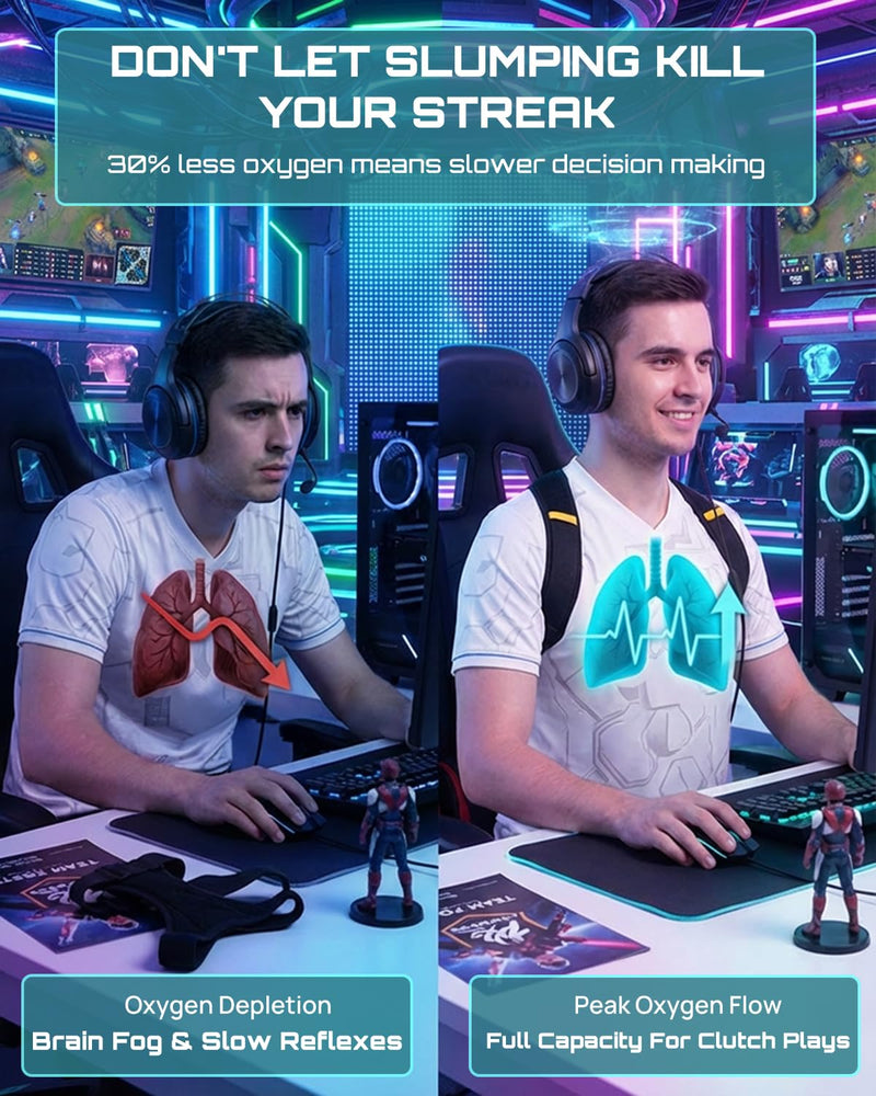 Hypoke® Gamer Back Posture Corrector for Men, Double Tension Control Upper Back Brace Posture Corrector, Ultra-Thin Breathable Alignment Straightener for PC Players And Streamers - Blaze Black