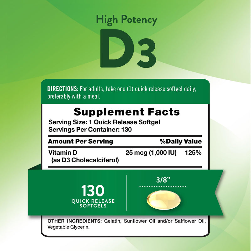 Nature's Truth Vitamin D3 1000 IU Softgels | High Potency Formula | 25 mcg | Non-GMO & Gluten Free Supplement 130 Count (Pack of 1)