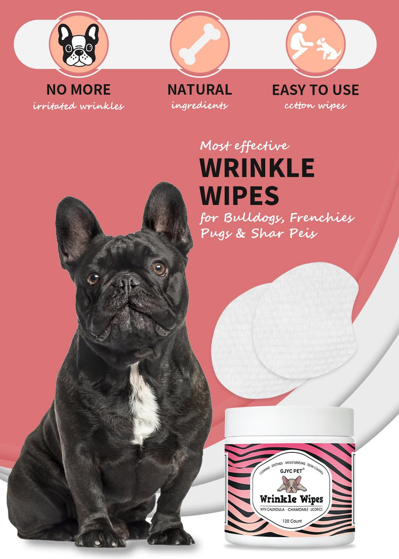 Natural Wrinkle Wipes for Dogs, 120 Count, Hypoallergenic Dog Wipes, Wrinkle Wipes French Bulldog, Cleaning & Deodorizing, Dog Wipes for Grooming Faces, Paws & Butts 120 CountWipe - BeesActive Australia