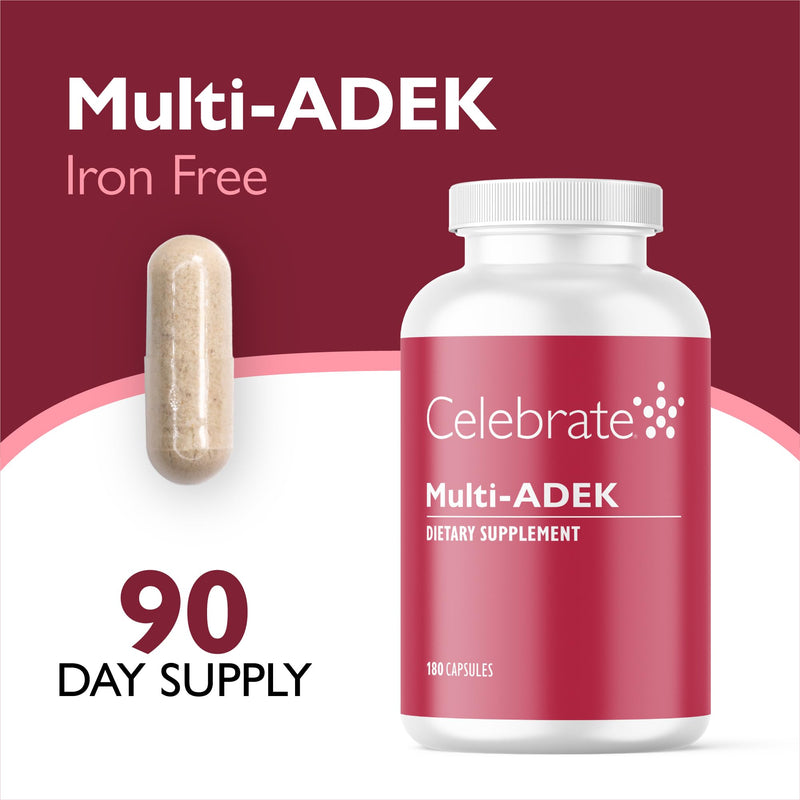 Celebrate Vitamins Multi-ADEK Iron Free Bariatric Multivitamin | 180 Veggie Capsules, 90-Day Supply, High Vitamins A, D, E & K for Duodenal Switch or SADI Routines 180 Count (Pack of 1)