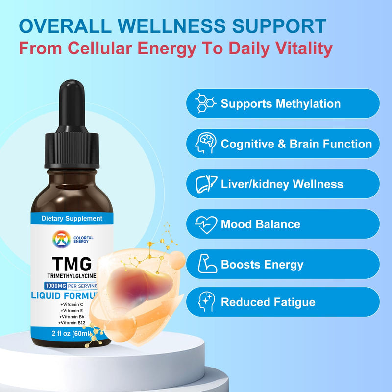 7c TMG Liquid Supplement 1000 mg with Vitamin C, E, B6, B12-2 fl oz | Trimethylglycine betaine for methylation, homocysteine metabolism, liver and energy, vegan, non-GMO, gluten-free