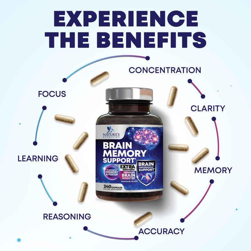 Brain Memory Supplement Pills - 3X Strength Nootropics for Concentration, Clarity & Focus Support - Brain Health Cognitive Vitamins with Bacopa, Phosphatidylserine & DMAE, Brain Booster - 240 Capsules 240 Count (Pack of 1)