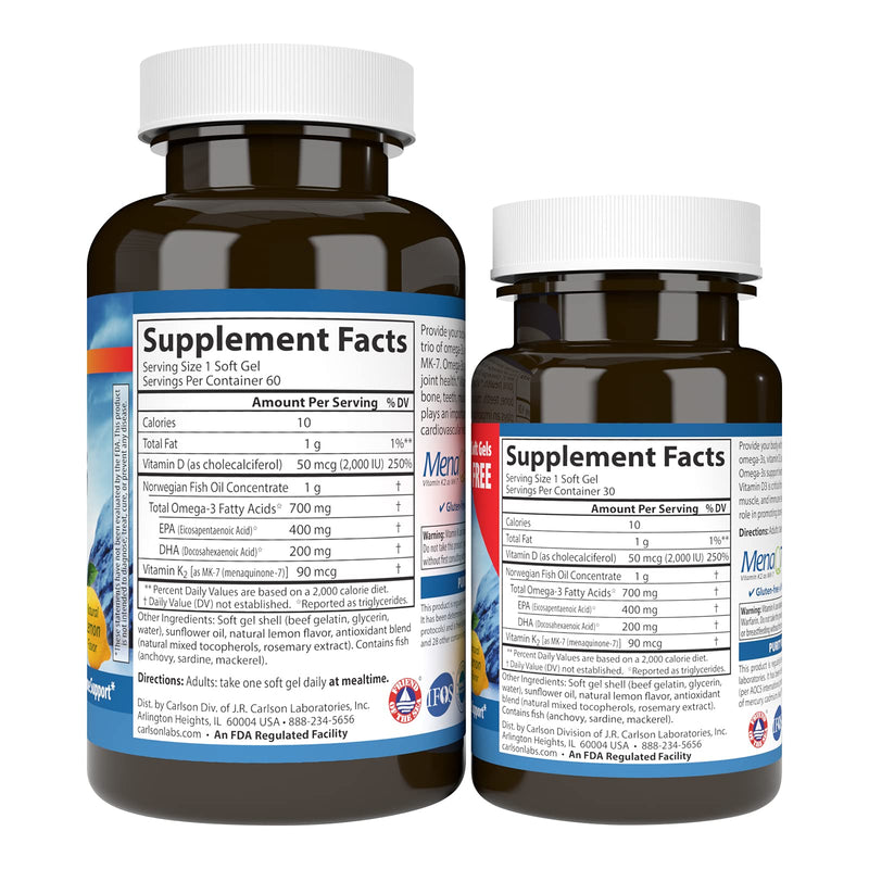 Carlson Elite Omega-3 Plus D & K, 700 mg, Omega-3s, Lemon, 60 + 30 Softgels | plus Vitamin D3 and K2 as MK-7 60 30 Soft Gels