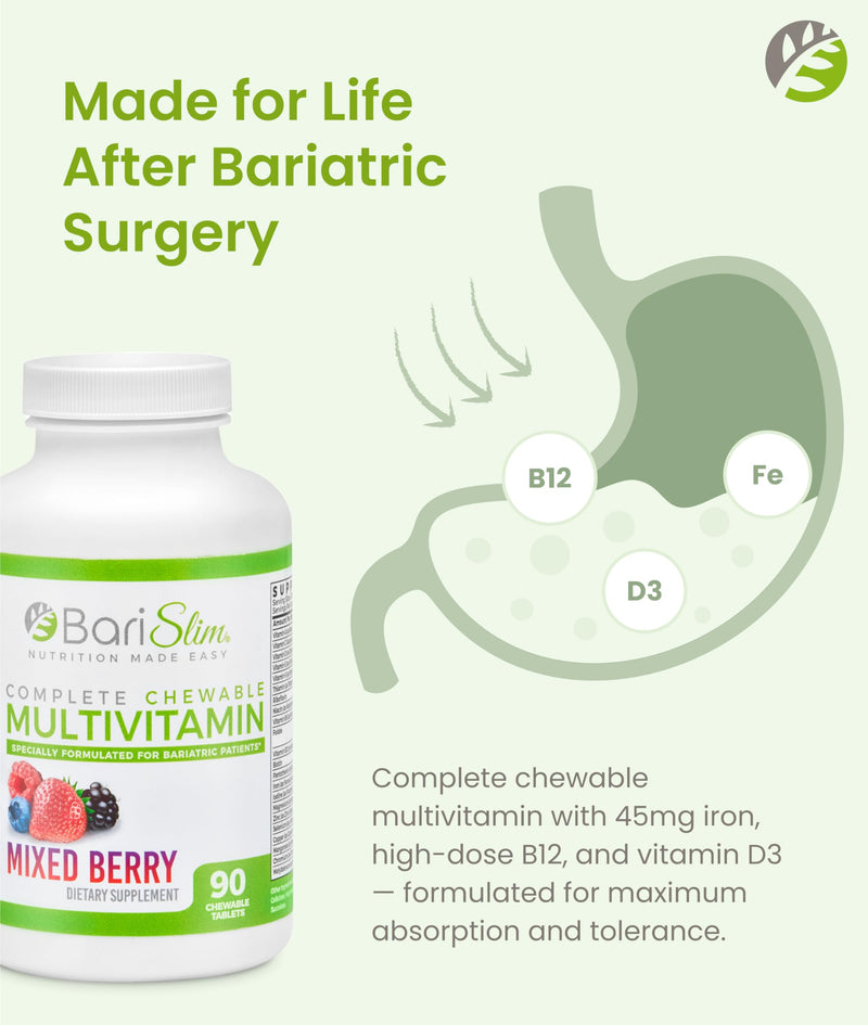 BariSlim Complete Chewable Bariatric Multivitamin Tablets - 45 mg Iron - Bariatric Vitamin & Supplement for Post Bariatric Surgery Including Gastric Bypass & Gastric Sleeve | Mixed Berry | 90 Tablets