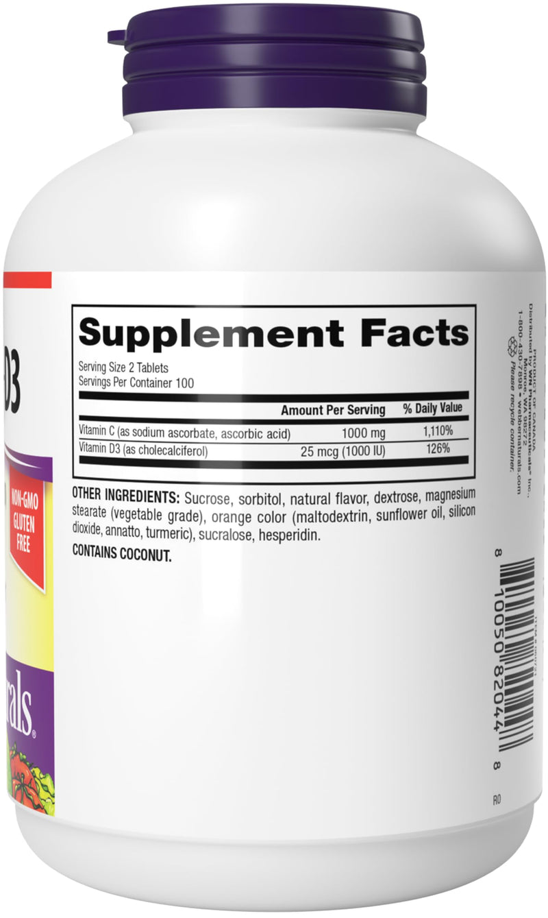 Webber Naturals Chewable Vitamin C 1000mg + D, Orange Flavor, 200 Tablets | With Vitamin D3 1000IU per Serving, Supports Bones, Teeth & Immune Health, Non-GMO, Dairy & Gluten Free