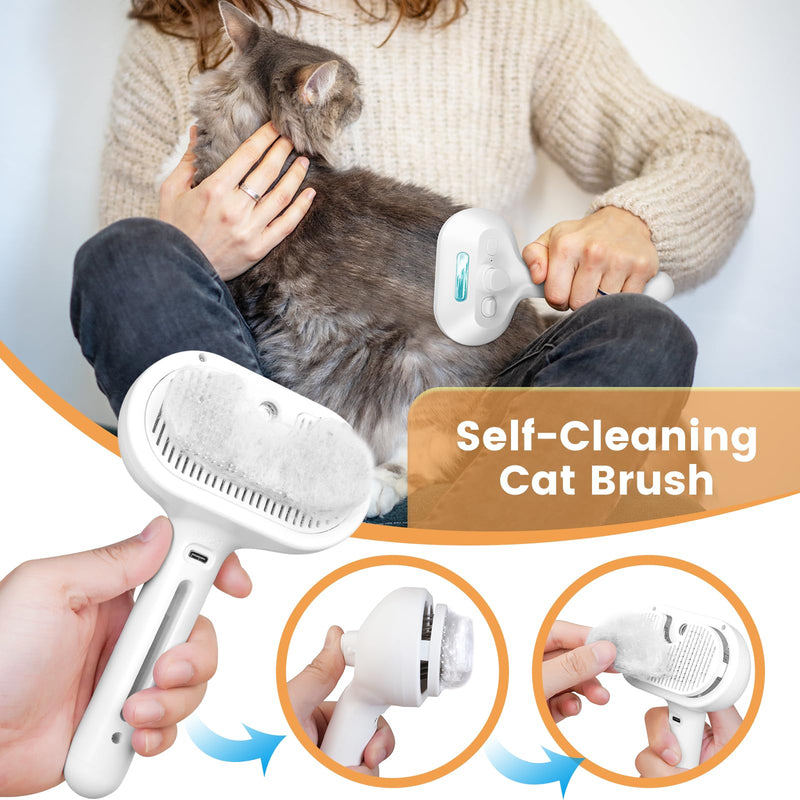 Cat Steam Brush New Steamy Cat Brush - 3 in 1 Cat Hair Brush with Release Button Self Clean Cat Brush with Spary Mist for Cats Dogs Pets Hair Removal - BeesActive Australia